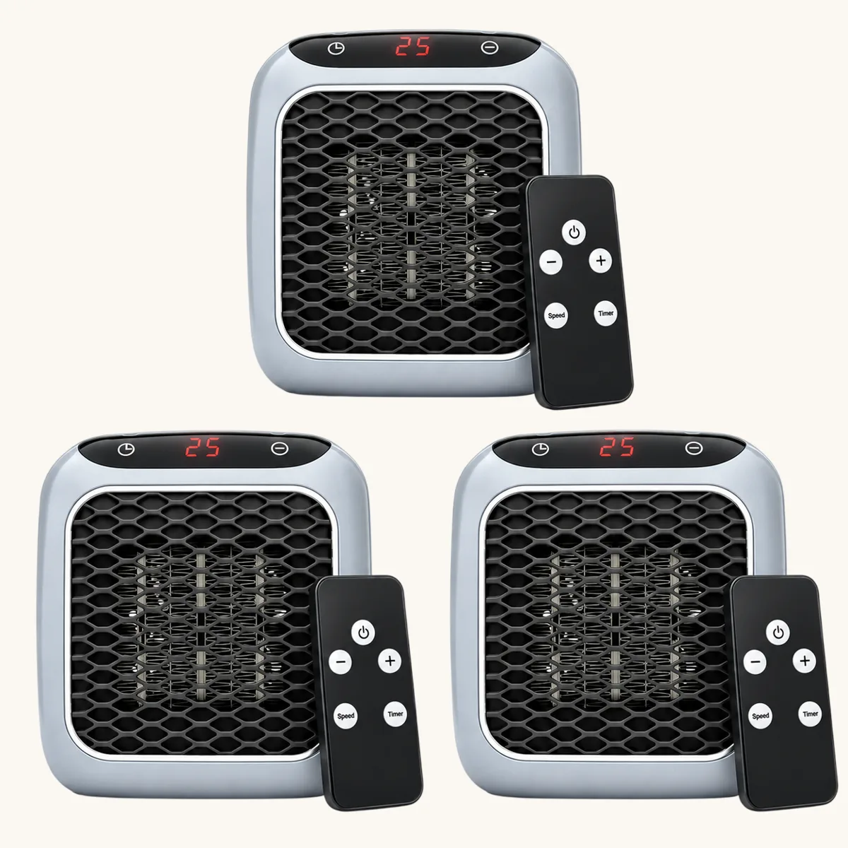 Three RapidHeat heaters, each pictured with a remote control